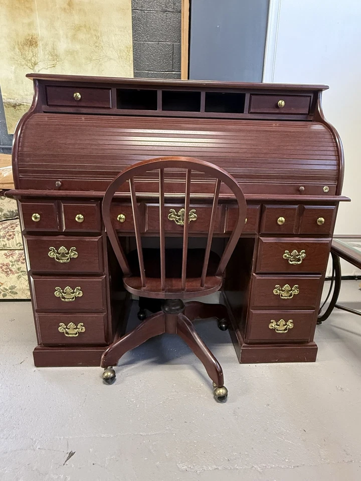 Vtg Wood Roll Top Desk w/ Chair Secretary Office Library Home Storage Drawers - Image 2 of 4