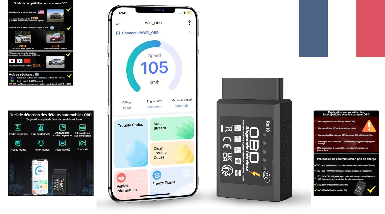 Boîtier diagnostic OBD2 Wi-Fi iLC pour voiture 1996-2018 : lecteur de code défaut moteur sans fil