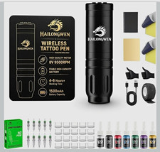 HAILONGWEN Wireless Tattoo Pen Kit Black Voltage Display, Needles Ink Skin