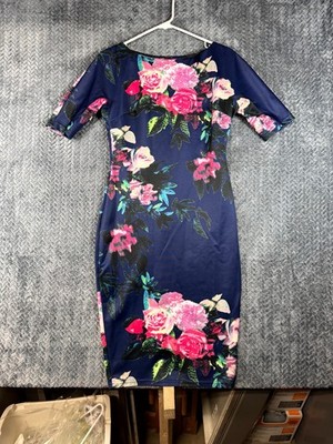 AX Paris Bodycon Dress Womens 10 Navy Blue Floral Stretch Round Neck Back Zip