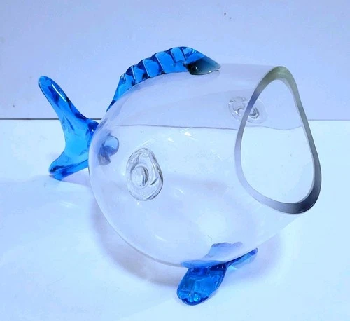 Blenko Art Glass Fish Clear Blue Vase Bowl Terrarium Mid Century Vintage 1960s