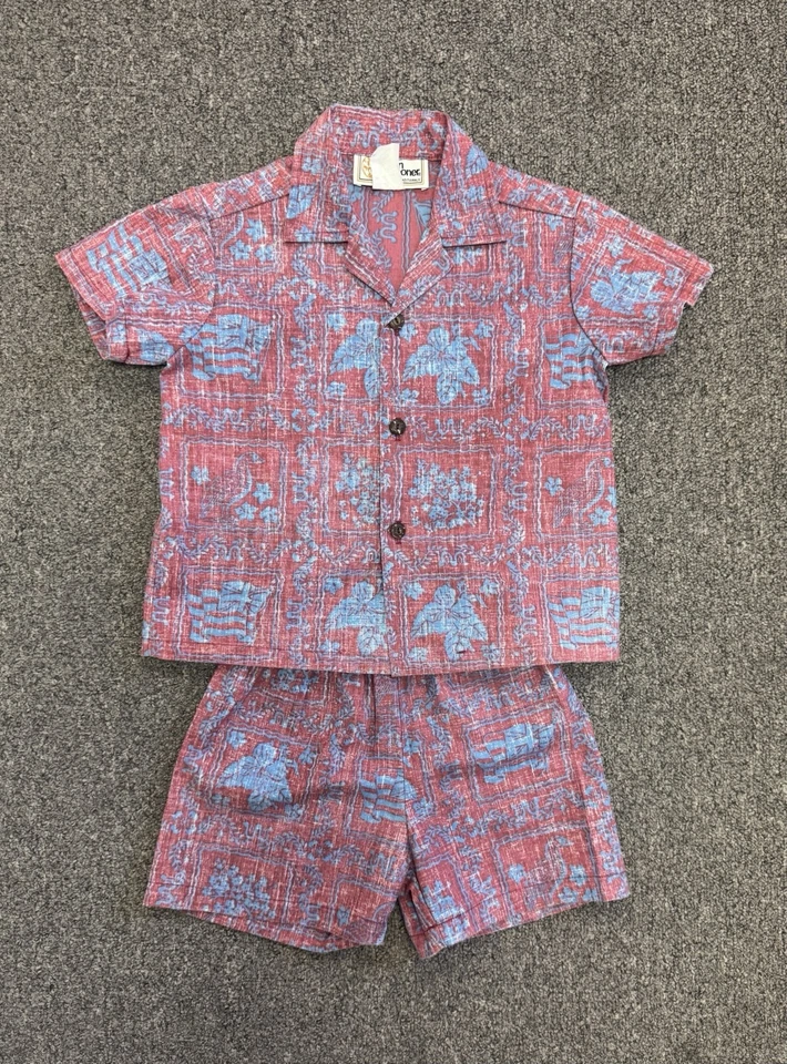 Set camicia e pantaloncini hawaiani bambini Reyn Spooner stampa vintage nuovi senza etichette - Immagine 2 di 4