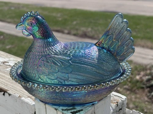 RARE Vtg Indiana Glass 7” Hen on Nest - Blue Carnival Iridescent - MINT