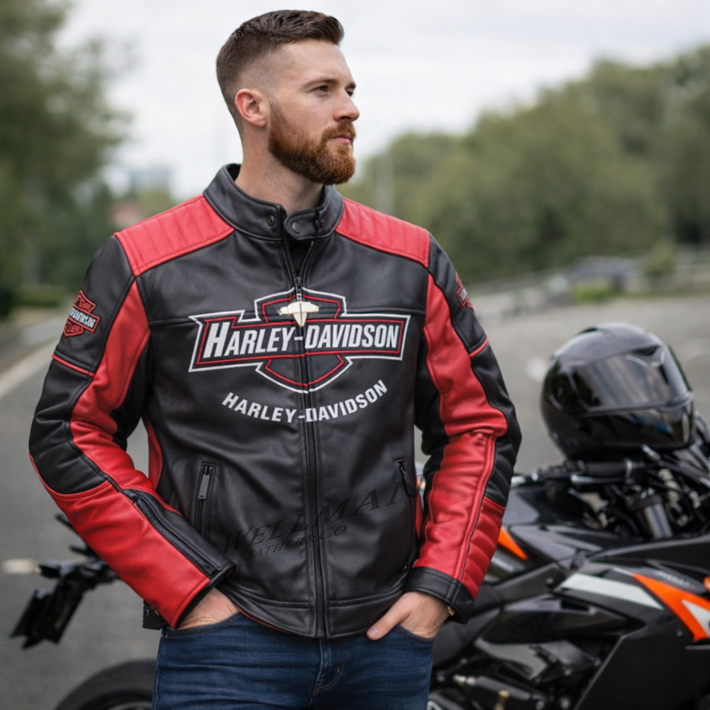 Harley-Davidson レザージャケット レッド New Harley Davidson Mens Black & Red Motorcycle Jacket Real