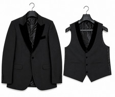 Men's Black Tuxedo Jacket  Vest 2 Piece Pure New Wool Velvet Shawl Lapel Size 5