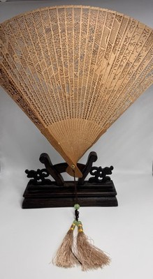 Vintage Chinese Hand Carved Sandalwood Folding Fan with Wooden Display Stand