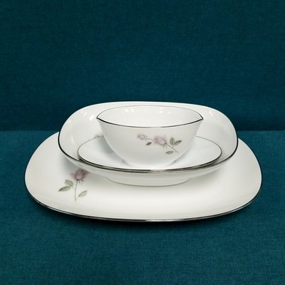 3 Piece Kenmark Boutique Set Tableware China w/ Pink Roses & Silver-Toned Trim 