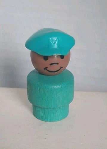 1972 Fisher Price Little People Figure Wood Black Helicopter Pilot Airport Vtg