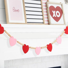 Valentine's Day Felt Heart and Wood Beads Garland for Farmhouse Decor