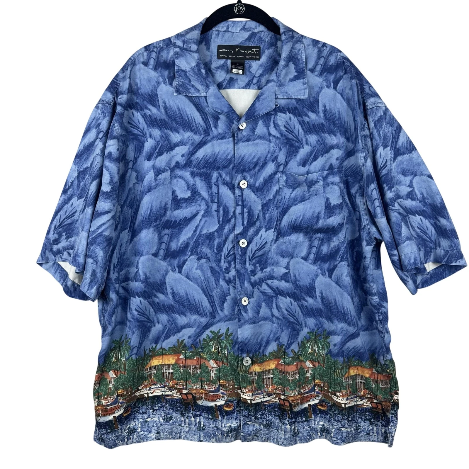 Guy Buffet Shirt Mens Large Blue Silk Hawaiian Harbor Boat Print Camp Resort