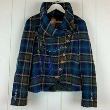Desigual Wool Blend Coat Multi-color Plaid Elbow Patches Womens Size 38 As Is