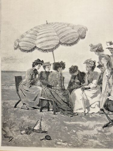 Antik Illustration 1893 Strand Frauen Meer Kleidung Welle Kunstdruck Holzschnitt - Bild 5 von 11