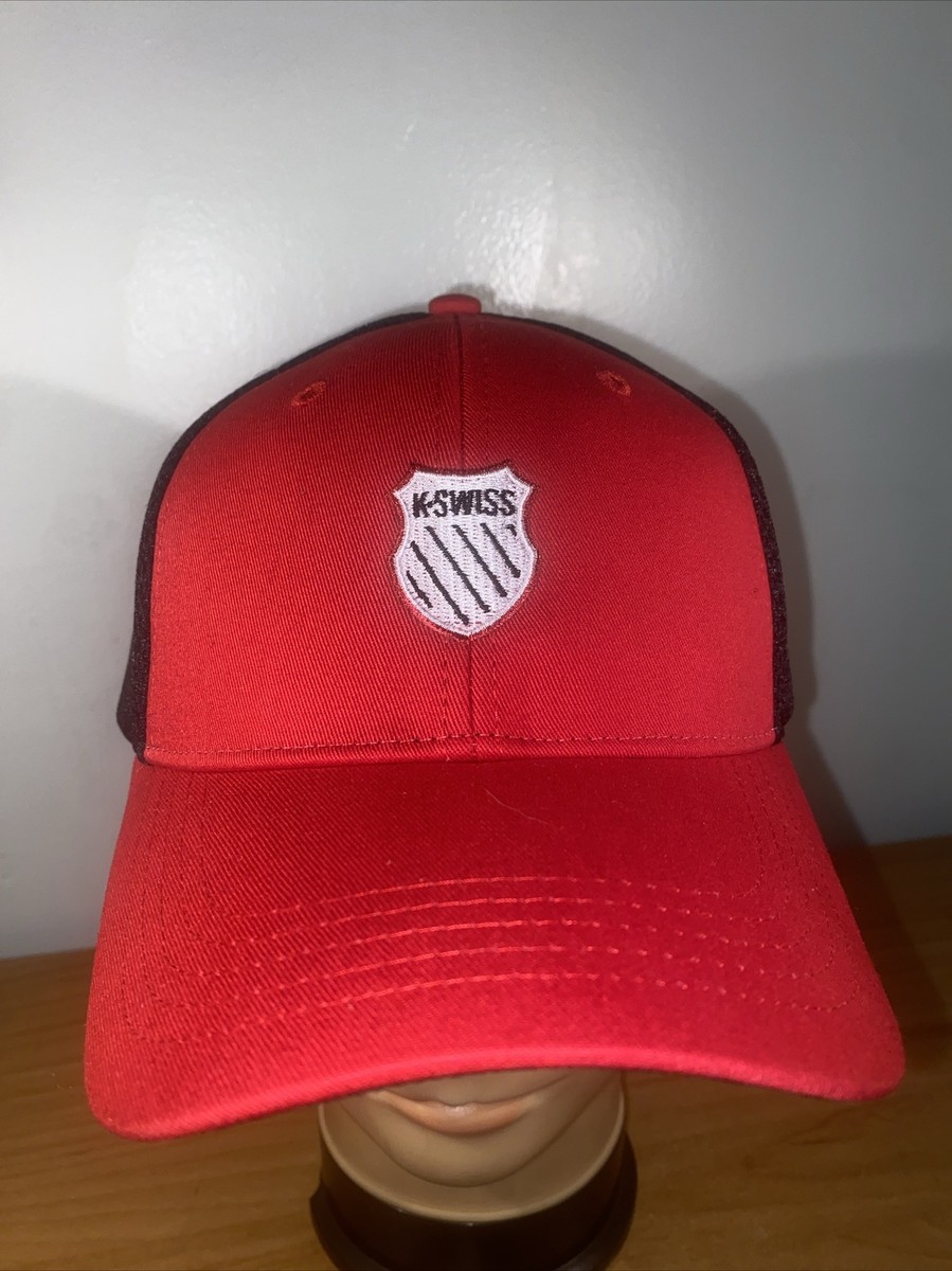 K-Swiss Red w/ White Logo Tennis Cap Hat Black Half Mesh Closed