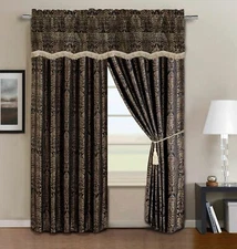 Valencia 4-piece Heavyweight Jacquard Black/Gold Floral Window Curtain Set