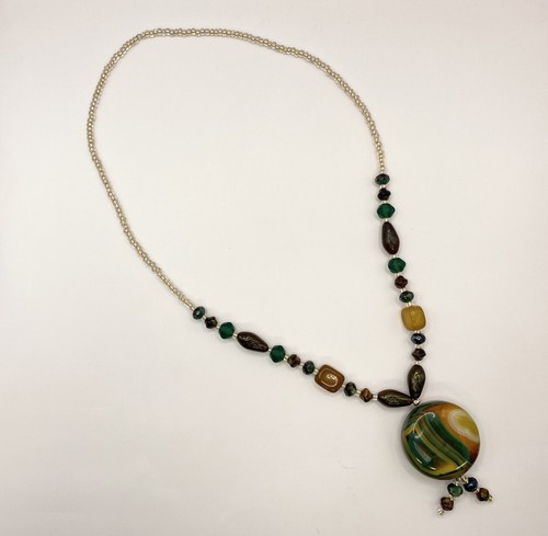 Handmade Agate Necklace Natural Banded Pendant Beaded Green Orange Wearable Art - Picture 4 of 15