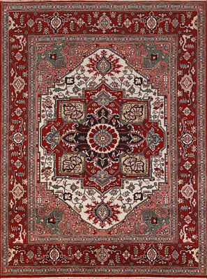 Ivory Heriz Serapi Indian Hand-Knotted Rug for Living Room 8x10 ft