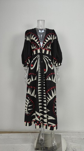 Robe longue imprimée manches longues mode col V robe femme - Photo 7/19