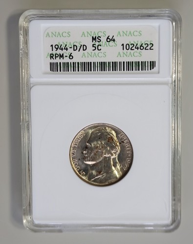 Toned 1944 D/D Jefferson Nickel RPM-6 ANACS 64