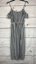One Clothing Dress Juniors L Black Stripe Cold Shoulder Maxi Front Slit Long