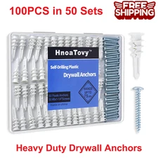 100PCS in 50 Sets #8x1-1/4" Drywall Anchors and Premium Drywall Screws 75LBS