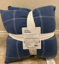 Simply Essential 3-Piece Windowpane Plaid Throw Blanket Feather Pillow Bundle