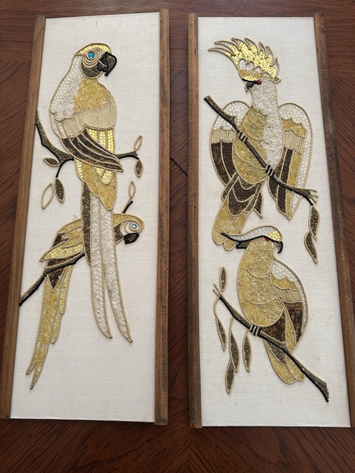 A genuine 1960s set of pebble-gravel mosaic parrot art — the hyper-specific mid-century craft kitsch that Instagram and thrift-flip culture goes absolutely wild for.