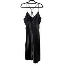 VTG Y2K Black Satin Midi Slip Dress Beaded Straps Evening Glamour Med Large
