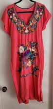 Women Pink Floral Embroidered Dress Scoop Neck Boho Casual Sundress Resort