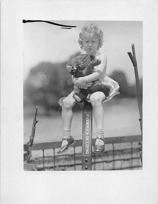 1942 Little Girl Sitting McCormick-Deering Tractor 1940s Photo Teddy Bear