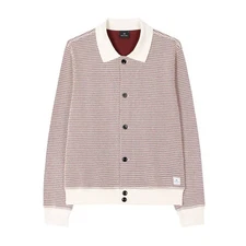 Paul Smith Mens Knit Polo Geometric Cardigan Off White/Red Size M Cotton Blend