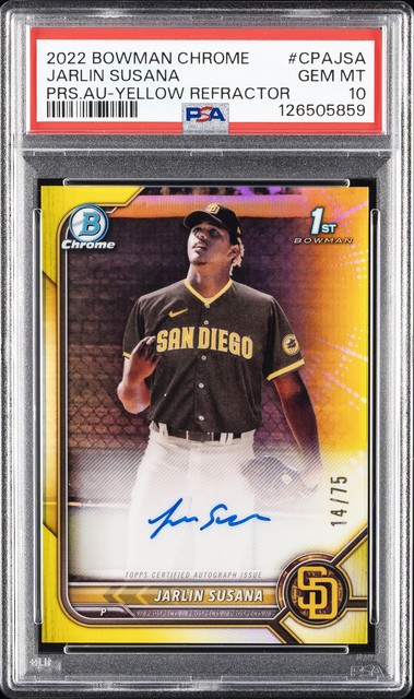 2022 BOWMAN CHROME PRSPCT AUTOS YELLOW REFRACTOR JARLIN SUSANA 14/75 PSA 10 AUTO