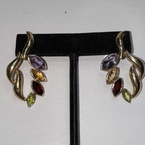 14 K Gold Amethyst Citrine Garnet Peridot Dangle Leaf Earrings 1.5" Long 5.89g - Picture 9 of 10