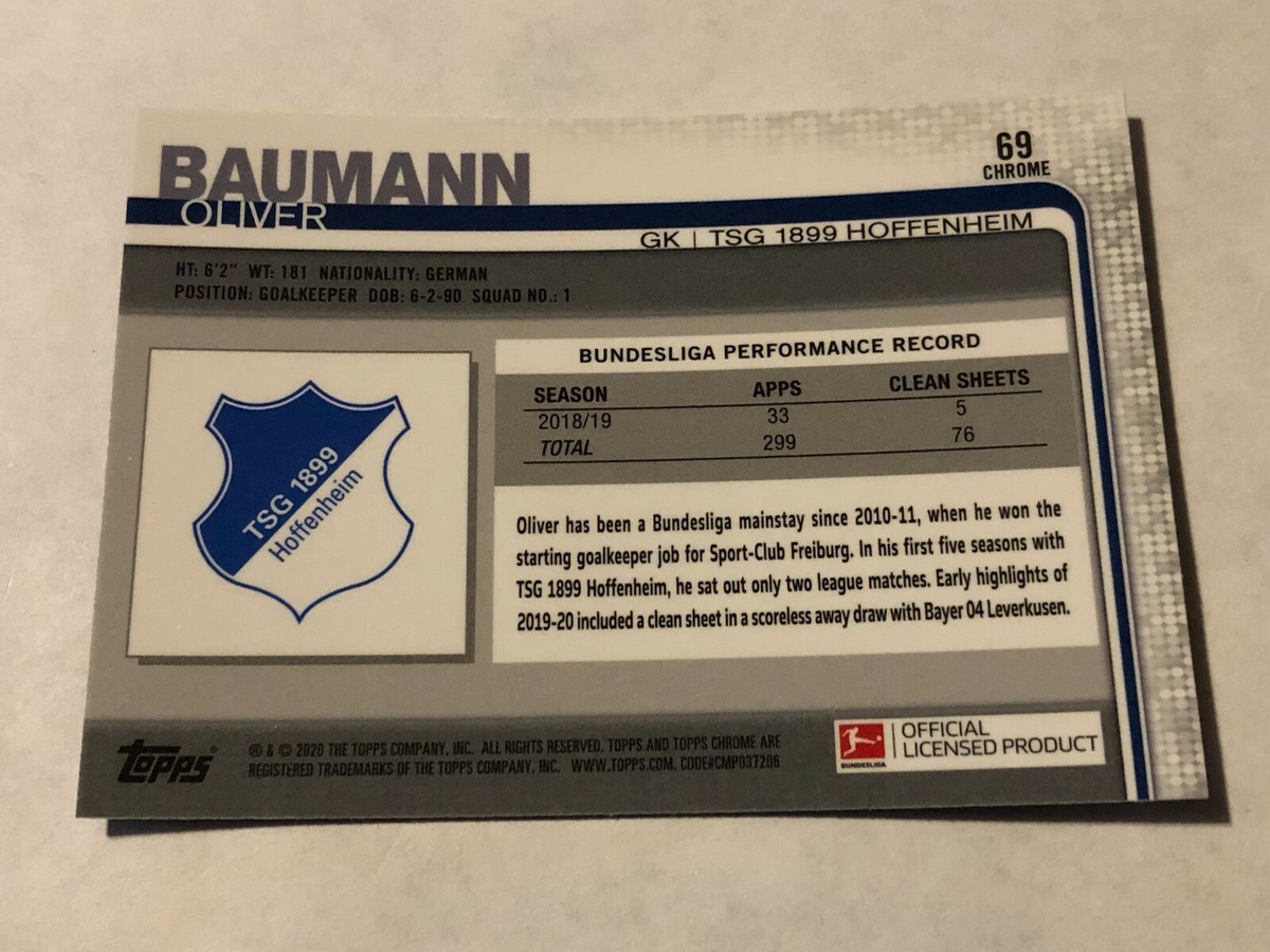 ◆バウマン◆baumann◆バーチカル◆W118×H210◆O-2605BL3◆ 2019-20 Topps Chrome Bundesliga Base Oliver Baumann #69 TSG 1899