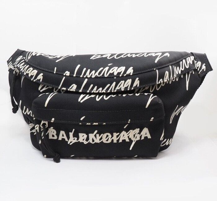 BALENCIAGA Wheel Body Bag Black White Logo Nylon Belt Bag BALENCIAGA Wheel Body Bag Black White Logo Nylon Belt Bag