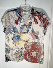 Citron Santa Monica Floral Short Sleeve Linen Silk Frog Button Top Size M. d726