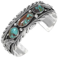 Navajo Sterling Silver BATTLE MTN TURQUOISE BRACELET 3Stn Mens XLG Cuff s8.5-9