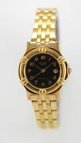 Sharp Watch Womens Stainless Steel Gold Date Water Resistant Black Batt ...