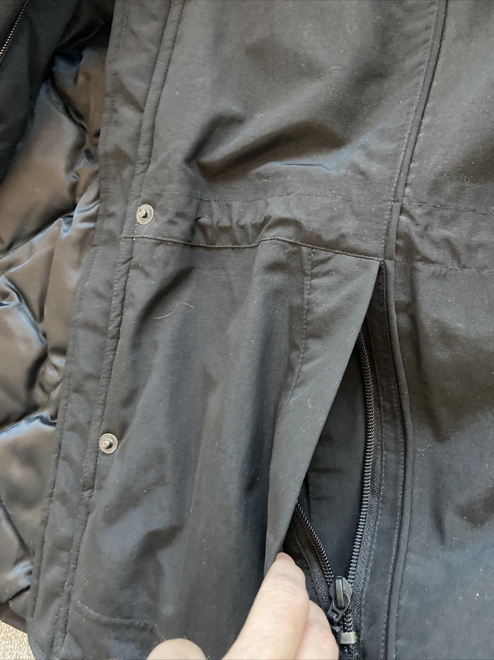 Parka de plumón de ganso Eddie Bauer capucha de piel sintética abrigo de invierno negro para mujer L cremallera a presión Foto 4 de 4