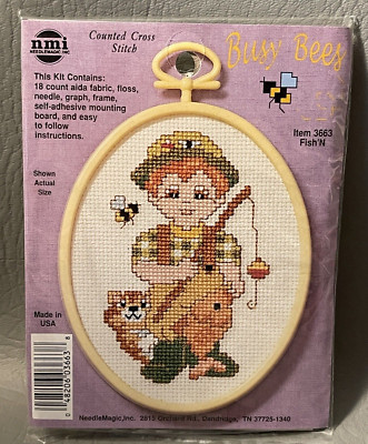 Busy Bees Counted Cross Stitch Kit 3663 Fish' N NMI Needlemagic NOS Boy Fishing