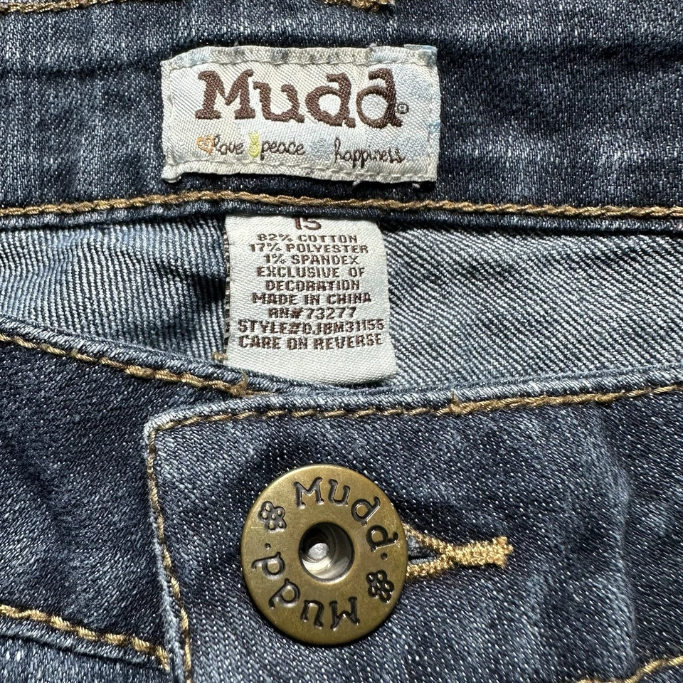 Pantalones de mezclilla Mudd para mujer 15 elásticos pierna recta lavado oscuro lavado silbador Foto 3 de 4