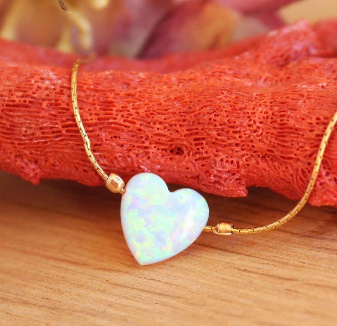 Lab White Opal Heart Pendant Bracelet Gold Filled October