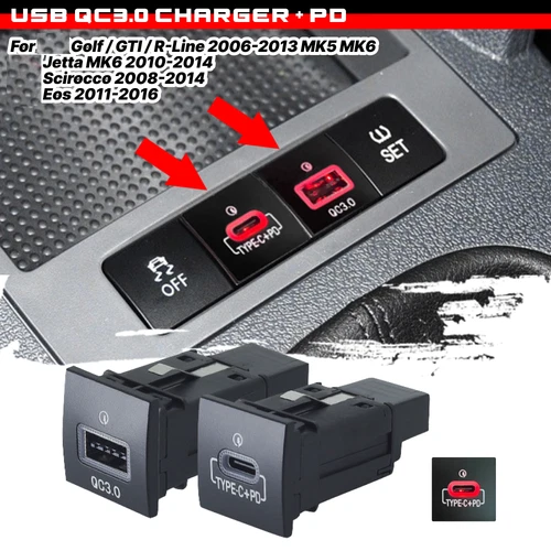 USB QC3.0 Charger + PD For VW Golf GTI R-Line MK5 2006-2013 Jetta MK6 2010-2014 - Photo 1 sur 9