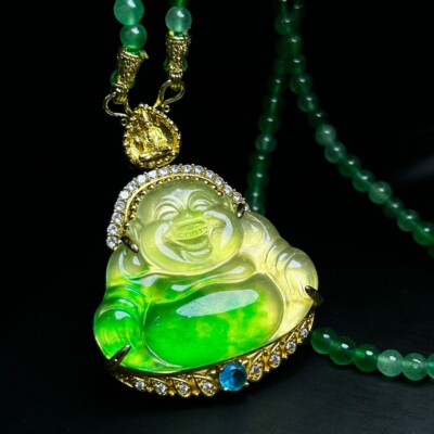 Naturally inlaid ice-green jade Jadeite carved Buddha pendant and necklace 