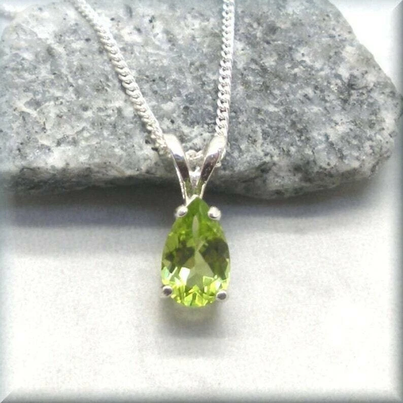 3Ct Pear Cut Simulated Peridot Women's Solitaire Pendant 14K White Gold Plated - Image 2 of 4