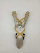 Vtg Old School Folkart Hand Carved Wood Sling Shot Wolf Design Cool Eyes