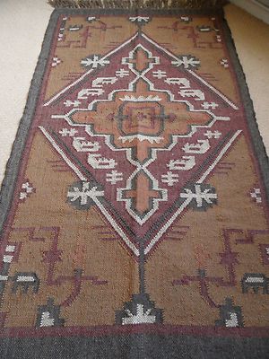 Neu 120x180cm INDISCHER KELIM KELIM Jute & Wolle Azteken Design HANDGEWEBT Carpet Rug