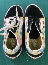 Vans Old Skool Kids Shoes Size 1 Black w/ Rainbow Checkerboard Great Condition