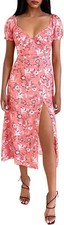 SPRIME Women's Summer Casual Dress V Neck Short Puff Sleeve Midi Dresses Floral