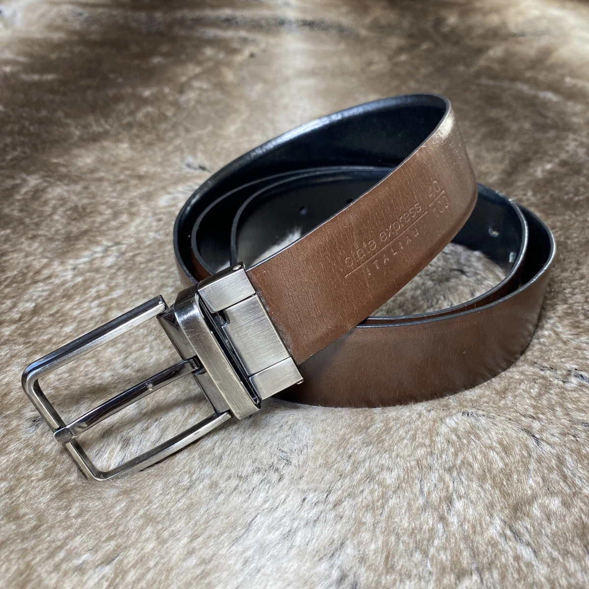 State Express Belt Mens 40 100 Brown Black Leather Italian Square Buckle
