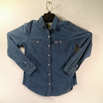 Hollister Denim Shirts Womens Small Blue Red Logo Double Pockets Long  Sleeve